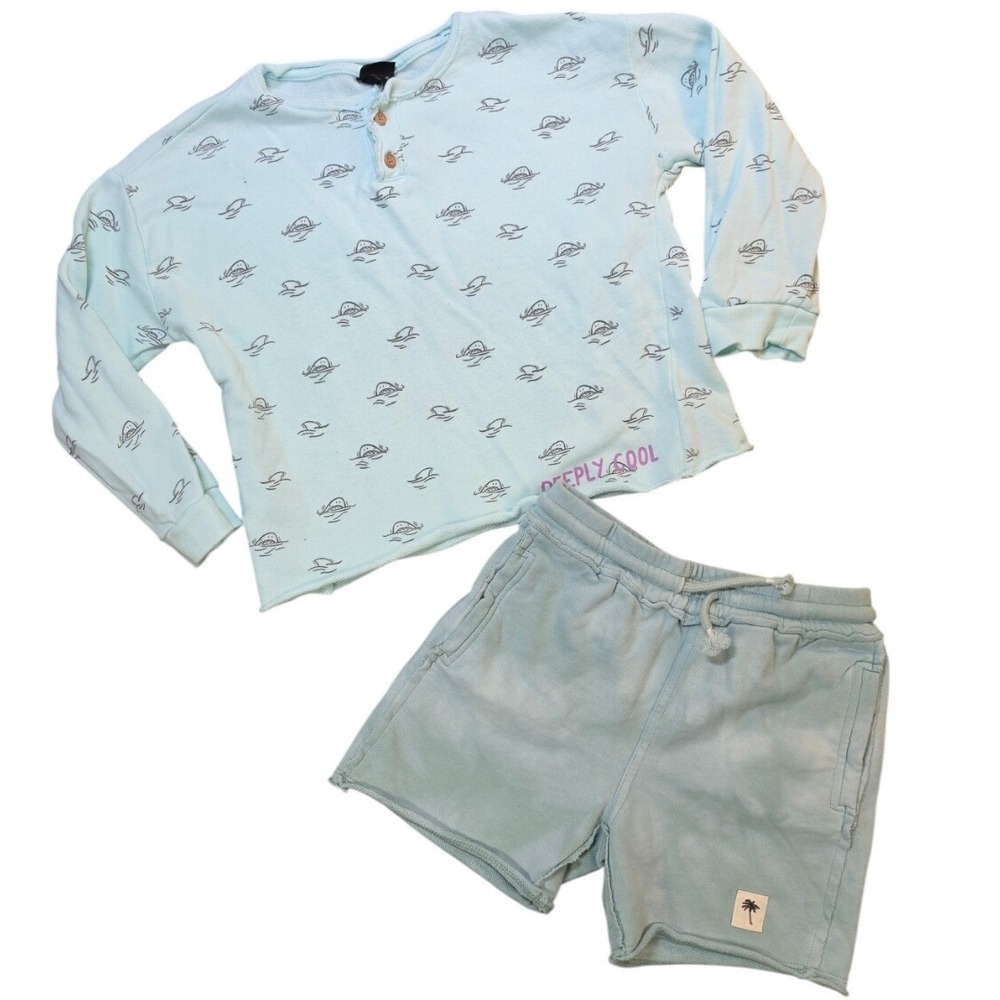 Art Class Boys 5T Shark Henley Shirt Shorts Set Aqua Blue Coastal